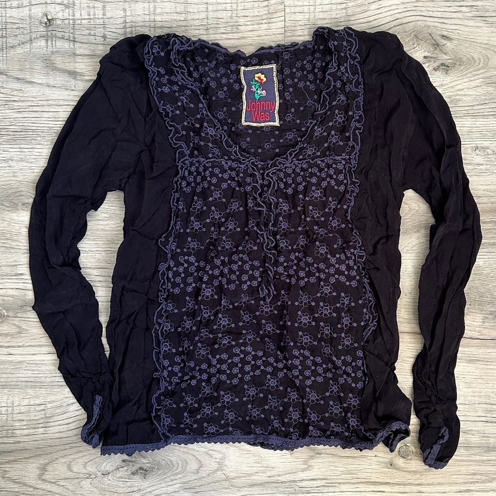 Johnny Was Embroidered Long Sleeve Navy Blue Top